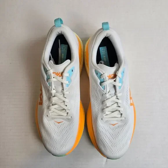 Hoka Mens Bondi 8 Size 12.5D Running Shoes Sneakers Blanc de Blanc Solar Flare